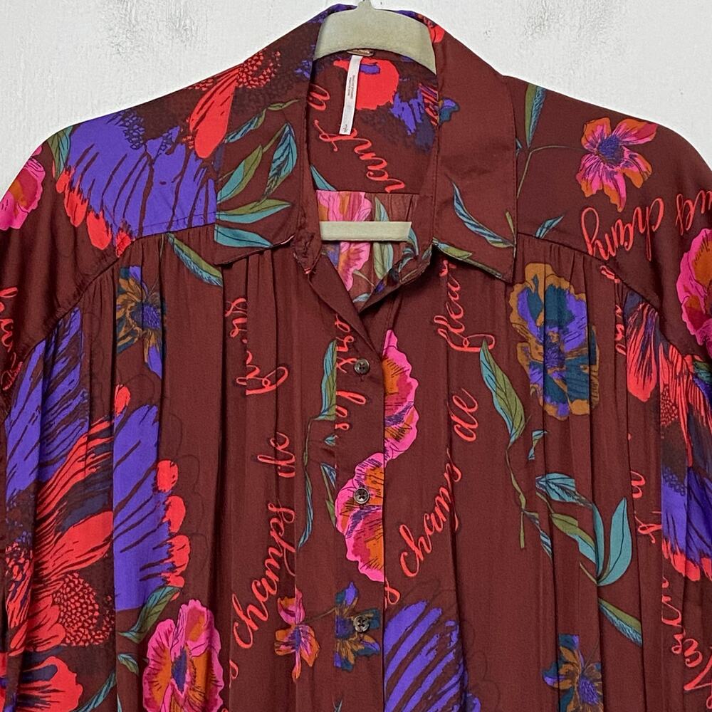 Free People Silky Nights Red Floral Oversized Boyfriend Blouse Size Small - Picture 3 of 12